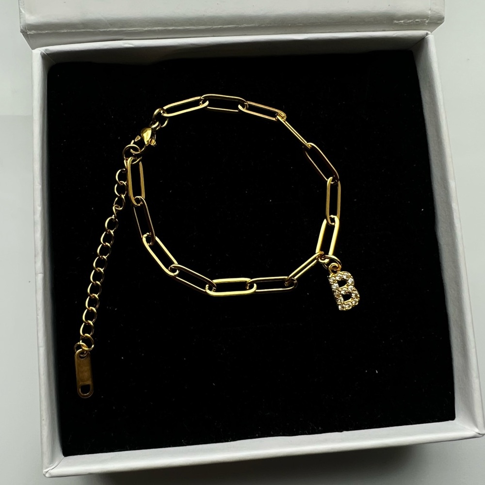 Gold Initial Letter “B” Charm Paper clip Bracelet